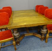 LARGE JACOBEAN STYLE OAK DRAW LEAF DINING TABLE & SIX CHAIRS, the table base with substantial carved