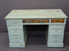 CIRCA 1910 OAK TWIN PEDESTAL DESK, painted blue, 74cms H, 122.5cms W, 66cms D