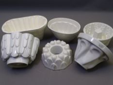SIX VINTAGE POTTERY JELLY MOULDS including three marked Shelley