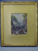H R HALL watercolour - bridge over a rocky river, 15.5 x 12cms, gilt mounted and framed