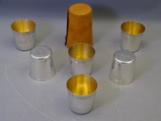 SET OF SIX ELECTROPLATED HUNTING CUPS, all with gilt interiors and in a leather twin button carrying