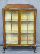 MAHOGANY TWO DOOR CHINA DISPLAY CABINET with shaped rail back, 134cms H overall, 97cms W maximum,