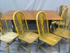 OAK REFECTORY TABLE & FIVE (4 + 1) HIGH HOOP STICKBACK CHAIRS with wheel splats, 74.5cms H, 152cms