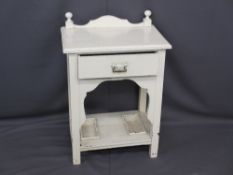 SINGLE DRAWER PAINTED HALL TABLE with rail back and lower shelf with drip trays, 83cms H overall,
