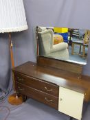 MID CENTURY MIRRORED DRESSING TABLE and a stylish teak and copper effect standard lamp, 123cms H,