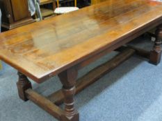 SUBSTANTIAL REPRODUCTION OAK REFECTORY TABLE, 4cms thick cleated end top on turned and block