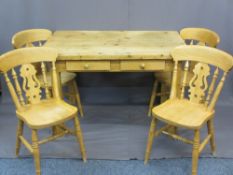 MODERN PINE TWO DRAWER FARMHOUSE TABLE and four curved back chairs, 78cms H, 125cms L, 87cms W the