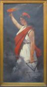 SPANISH SCHOOL OIL ON CANVAS - maiden holding a flaming torch and a triangle, possible