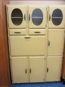 RETRO KITCHEN CABINET, multi-sectional with three glazed top doors (glass lacking to one), 172cms H,