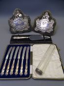 TWO SILVER FRONTED PRESENTATION SHIELDS, a cased set of silver handled butter knives, cake slice and