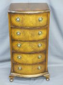 NEAT REPRODUCTION FIVE DRAWER BOW FRONTED CHEST, 91.5cms H, 52cms W maximum, 37cms D maximum