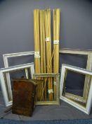 NUMEROUS LENGTHS OF HARDWOOD MOULDING, vacant picture frames, other timber and two folding vintage