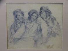 ? WALDRON pencil study - three inebriated men, one of which is being carried by the other two,