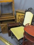 FURNITURE ASSORTMENT to include a wall hanging whatnot, brass fender, hall chair, antique style