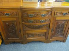 EDWARDIAN CARVED MAHOGANY BOW FRONT SIDEBOARD, 91cms H, 149cms W, 53cms D maximum