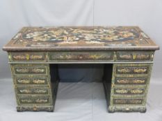 CHINESE PAINTED LACQUERWORK TWIN PEDESTAL DESK, early 20th century decorated with dragons in