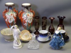 MIXED POTTERY, PORCELAIN & GLASSWARE to include a pair of Satsuma type vases, a Doulton lady