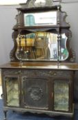 CIRCA 1910 MIRROR TOP SIDE CABINET with carved detail, 220cms H, 137cms W, 44cms D