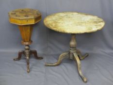 TWO ANTIQUE TABLES for restoration to include an early oak tripod table with circular top, 67cms
