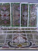 EIGHT UNFRAMED STAINED GLASS LEADED WINDOW PANELS, measurements are 2 x 44cms x 20cms, 2 x 44cms x