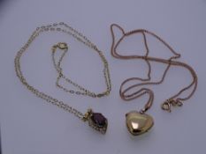 A 9CT GOLD HEART SHAPE LOCKET WITH FINE LINK CHAIN, 3.8grms and a 9ct gold garnet pendant and chain,