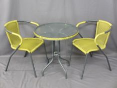 MODERN THREE PIECE CONSERVATORY SET of circular table, 69cms H, 64cms D and a pair of armchairs in