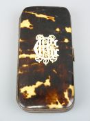 VICTORIAN TORTOISE SHELL & SILK LINED CIGAR CASE, 15.5cms length with applied fretwork monogramme