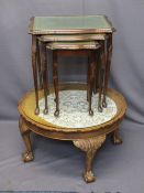 VINTAGE CARVED WALNUT CIRCULAR TOP TABLE and a modern set of three glass top tables, 41cms H, 75.