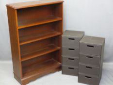 REPRODUCTION MAHOGANY BOOKCASE and two brown leather effect four drawer storage units, 113cms H,