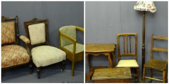 CIRCA 1900 LADY'S & GENT'S CARVED WALNUT SALON ARMCHAIRS with gallery back top rails, 96cms and