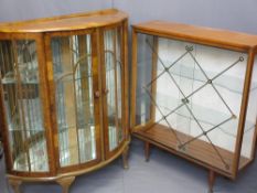 TWO VINTAGE CHINA DISPLAY CABINETS including a walnut example with shaped front and two sliding