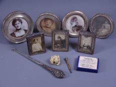 SEVEN SMALL HALLMARKED SILVER PORTRAIT FRAMES and other small collectables, four of the frames