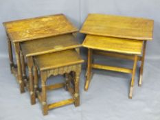 OAK OCCASIONAL TABLES, two sets including a shaped top pair and a set of three on turned and block