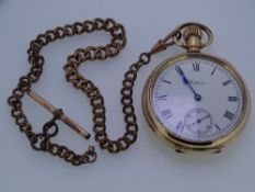 WALTHAM GOLD PLATED GENTLEMAN'S POCKET WATCH & ALBERT CHAIN, open faced manual wind with