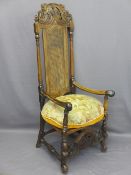 CHARLES II STYLE WALNUT HIGHBACK HALL CHAIR with carved crest rail above a cane back and seat with