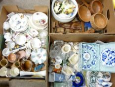 DECORATIVE POTTERY, PORCELAIN & GLASSWARE with a selection of modern treen items ETC (3 boxes)