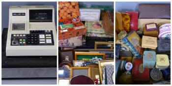 VINTAGE & LATER BOXES, TINS & PHOTOGRAPH FRAMES, an interesting mixture including a boxed sewing