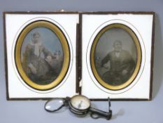 TWO DAGUERREOTYPE PORTRAITS and a vintage pocket compass/binoculars, the portraits 18 x 14.5cms