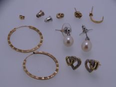 EARRINGS - a pair of 9ct gold hoop earrings, 1.2grms, a pair of 9ct gold double heart stud earrings,