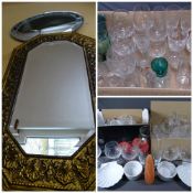 MIXED DRINKING GLASSWARE, a large parcel, including four plain stemmed green wine glasses, a box and