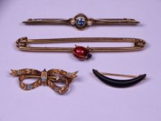 FOUR GOLD & BELIEVED GOLD VICTORIAN & LATER BAR BROOCHES to include a 15ct seed pearl and possibly