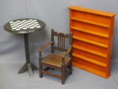 THREE ANTIQUE & LATER FURNITURE ITEMS to include a circa 1880 child's pine armchair, 53cms H,