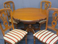 ROSSMORE REPRODUCTION MAHOGANY EXTENDING DINING TABLE and a set of four chairs, 75cms H, 110cms