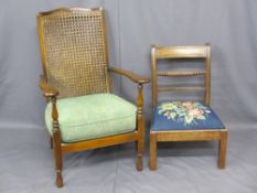 TWO VINTAGE SIDE CHAIRS including a bergere back armchair, 91cms H, 61cms W, 46cms seat depth and