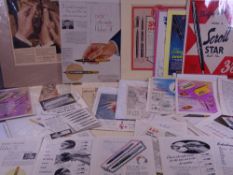 VINTAGE FOUNTAIN PEN ADVERTISING EPHEMERA approximately 40 pieces including Sheaffer's, Parker 51,