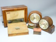 TWO VINTAGE CLOCKS, walnut cased radio, Lyons toffee tin ETC
