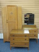 VINTAGE OAK THREE PIECE BEDROOM SUITE consisting of single door wardrobe, 183cms H, 93cms W, 46cms