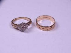 TWO 9CT GOLD RINGS including a raised form diamond set cluster with twist shoulders, mid K-L and a