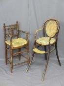 TWO VINTAGE HIGH CHAIRS including a Bentwood example with cane work seat and back, 97cms H, 36cms W,