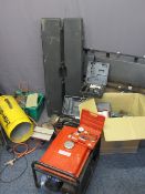 TOOLS - petrol generator, industrial type heater, belt sander, air compressor accessories and a